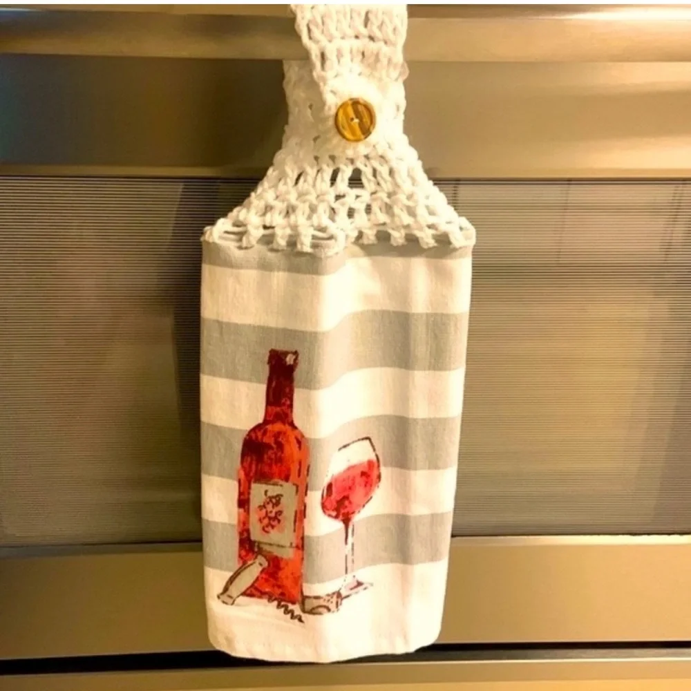 Hand Crafted Gray and White Striped Hanging Hand Towels with Red Wine Design
